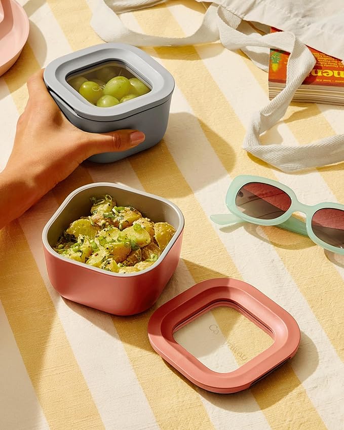 Caraway Mini Food Storage 9pc Set - Glass Storage Containers for Food - Non-Toxic Ceramic-Coated Glass - Air Release Technology - Compact & Stackable Design - Navy