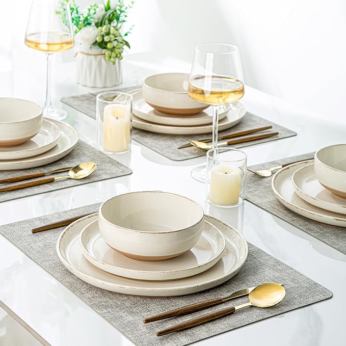 AmorArc Ceramic Dinnerware Sets with Pasta Bowls for 8, Handpainted Plates and Bowls Set with Rustic Terracotta Underside, Scratch Resistant Dishes Set, Dishwasher & Microwave Safe, 32 Pcs