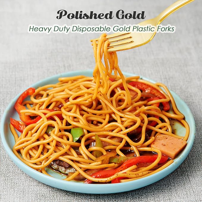 FOCUSLINE 300 Pack Disposable Gold Plastic Forks, Solid and Durable Plastic Cutlery Forks, Heavy Duty Disposable Utensil Silverware for Catering, Parties, Dinners, Weddings