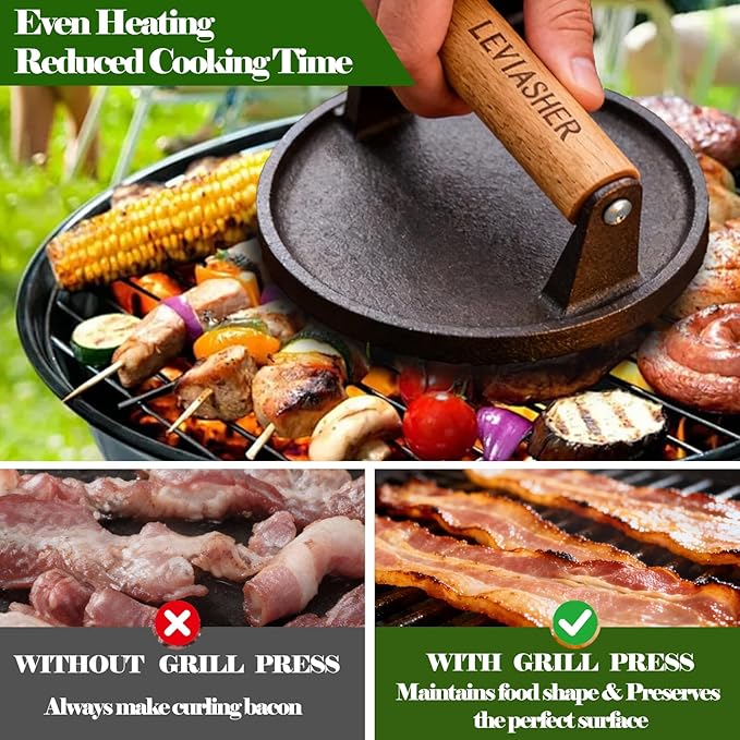 2.2lbs Heavy-Duty Griddle Press for Bacon Burger Steak Meat Paninis Burger Bacon Vegetables, Cast Iron BBQ Grill Press for Weber Blackstone Camp, Food Press for Cooking Round Wood Handle