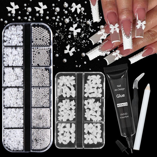 VOTACOS Nail Art Charms White Bow Nail Rhinestones with Nail Glue Gel Flatback Pearls Nail Gems Luxurious Nail Supplies Accessories White Silver Nail Jewelry Pearls for Women Nail DIY Design