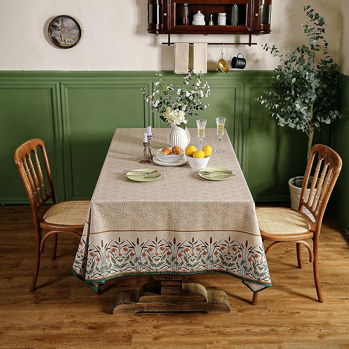 patdrea Designer French Light Brown Rectangle Table Cloth,Linen Floral Durable Breathable Tablecloth,Decorative for Kitchen Dining,Parties,Tea Party,Christmas,Thanksgiving63 x87-Cudillero
