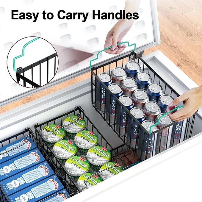 Freezer Organizer Bins, 2 Pack Stackable Deep Chest Freezer Organizer Bins, Foldable Freezer Baskets with Handles, Black Freezer Storage Organizer Baskets for 5/ 7 Cu.FT Sort Frozen Meats