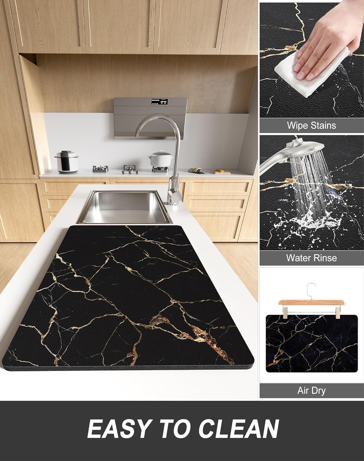 Rnivvi Dish Drying Mat for Kitchen Counter, XL 15 x 24" Cute Marble Absorbent Draining Pad, Non-Slip Heat Resistant Coffee Bar Mats for Coffee Machine Station Accessories, Black Gold Dish Rack Pad