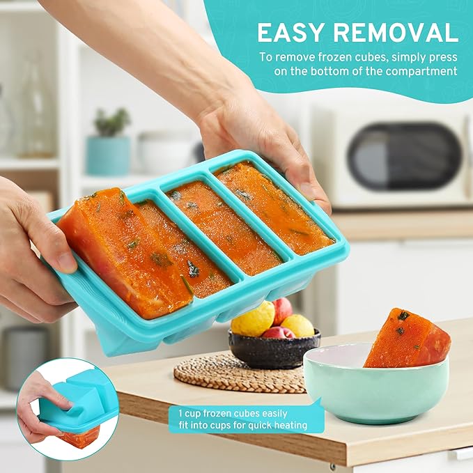 Silicone Freezer Tray with Lid - 1 Cup Silicone Food Tray - Large Ice Cube Freezer Molds - Soup, Sauce, leftovers, Homemade Meal Prep Freezing Kitchen Storage Containers - Aqua - 1-Pack