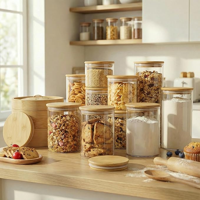 HomArtist 21oz - 4 Pack Glass Jars with Bamboo Lids, Glass Food Storage Containers with Airtight Lids, Air Tight Pantry Storage Containers for Coffee, Sugar, Spice, Meal Prep Jars for Salad & Fruit