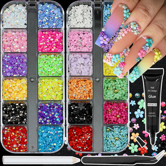 VOTACOS Flatback Nail Art Rhinestones Flower Nail Charms with AB Rhinestones Glue Gel Colorful Nail Supplies Accessories Nail Gems Resin Rhinestones for Bedazzling Crafting & Women Nail Design Decor