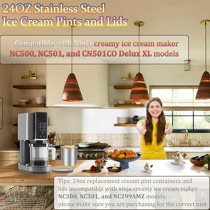 Stainless Steel Pint Containers & Lids Compatible with Ninja Creami ice Cream Maker NC500, NC501, CN501CO Delux Series– 6 Pack, 24 oz, Silicone Lids, BPA-Free, Dishwasher Safe