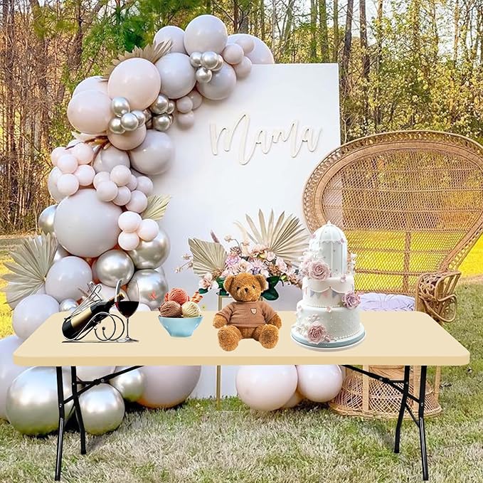 6 Pack Stretch Fabric Table Top Cap Cover, fits 8' Tables, Spandex Table Covers Washable Elastic Rectangle Tablecloth Protector for Indoor Outdoor Party Picnic Wedding, Beige, 30" W x 96" L