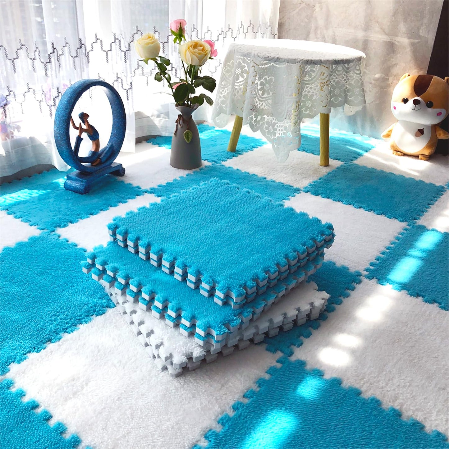 easycustomerlee 12pcs Interlocking Carpet Shaggy Soft EVA Foam Mats Fluffy Rugs Protective Floor Tiles Play Mats for Children Kids Room Home Parlor Bedroom(Blue)