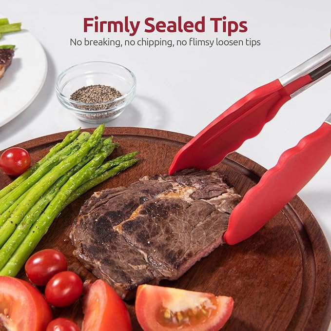 480ºF Heat Resistant Kitchen Tong: U-Taste 7 inch Silicone Cooking Tong with Firm Sealed Non Stick Rubber Tips & Silicon Coated 18/8 Stainless Steel Handle & Smooth Locking for Serving Salad (Red)