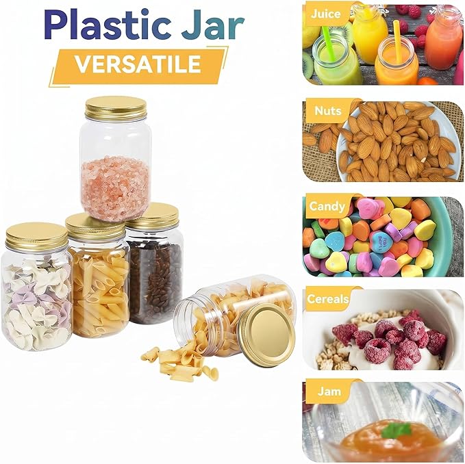 novelinks 16 oz Clear Plastic Jars with Lids, Refillable 16oz Mason Jars with Lids & Storage Containers for Kitchen & Household Use (20 Pack,Gold)