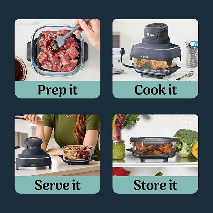 Ninja Crispi 4-in-1 Glass Air Fryer | 450°F | Non-Toxic | 4QT & 6-Cup Glass Containers w/Lids | Microwave, Freezer, Dishwasher Safe | Max Crisp, Air Fry, Bake, Recrisp | Cyberspace Gray, FN101GY