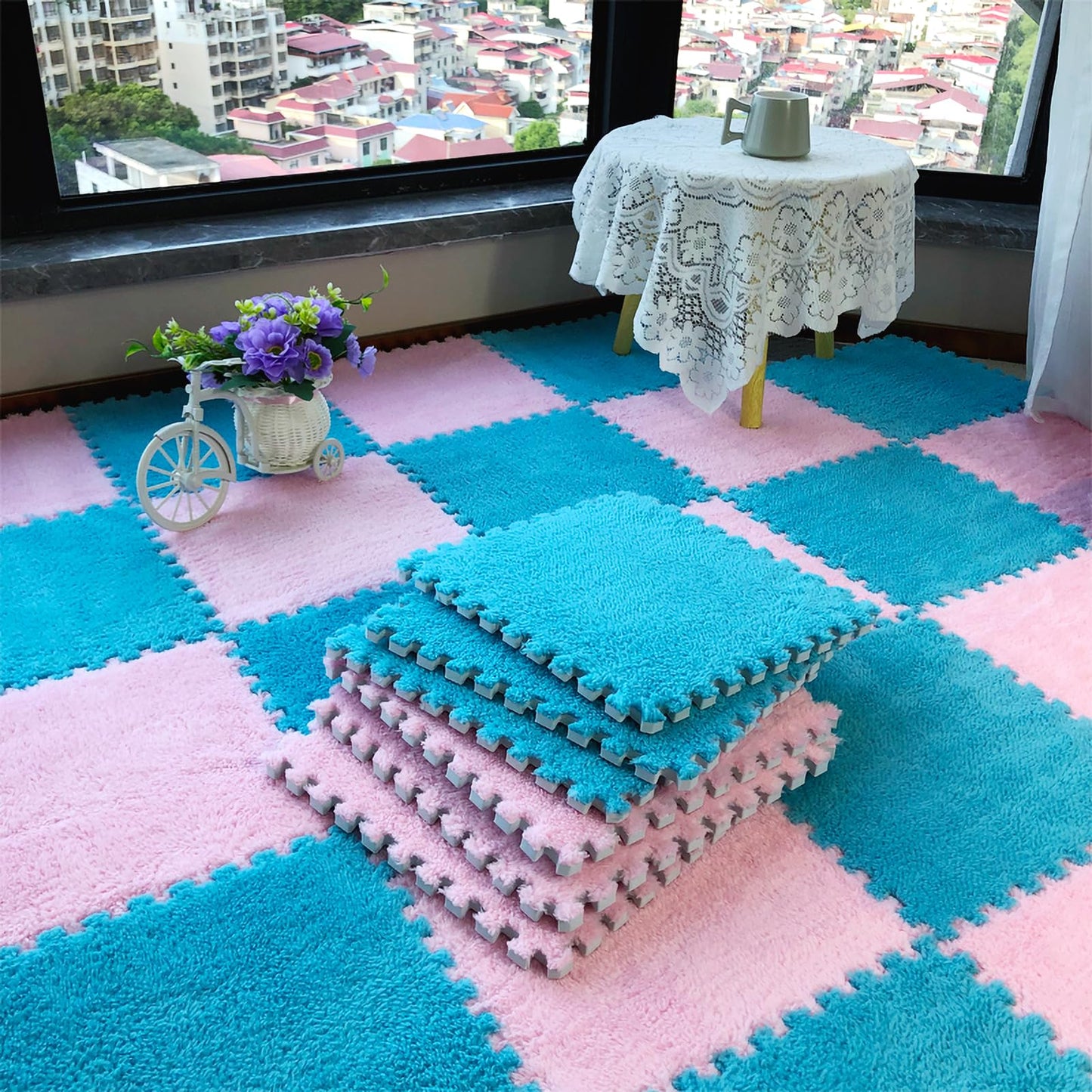 easycustomerlee 12pcs Interlocking Carpet Shaggy Soft EVA Foam Mats Fluffy Rugs Protective Floor Tiles Play Mats for Children Kids Room Home Parlor Bedroom(Blue)
