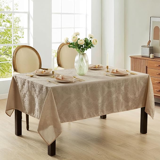 Newbridge Barcelona Luxury Damask Fabric Tablecloth, 70” Extra Wide x 168” Rectangle, Golden Beige, 100% Polyester, No Iron, Soil Resistant Dining Room, Party and Banquet Table Cover