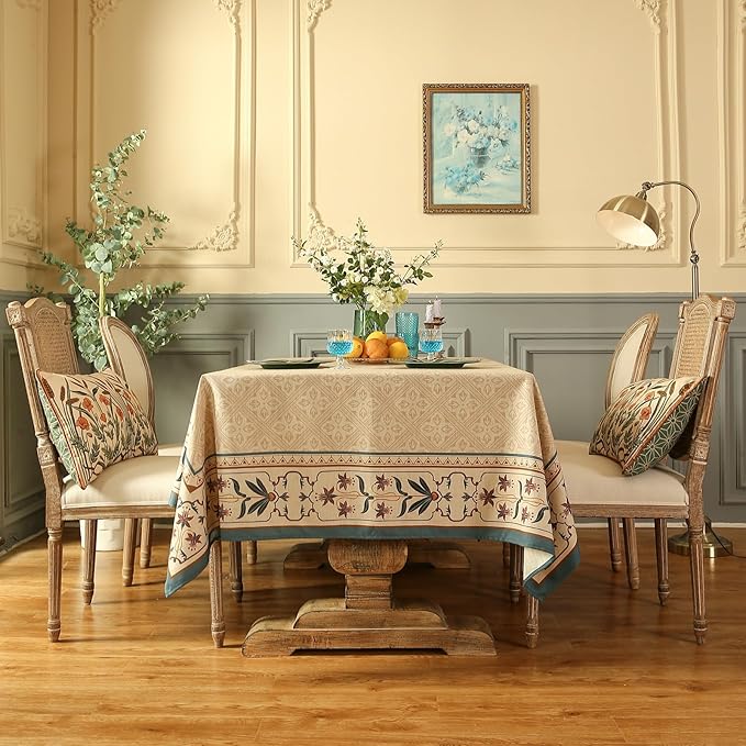 patdrea Designer Beige French Linen Tablecloth for Square Table,Anti-Wrinkle Durable Floral Table Cloth,Dacorative Cover for Kitchen Dining,Tea Party,Christmas,Thanksgiving,67"x67"-Fram