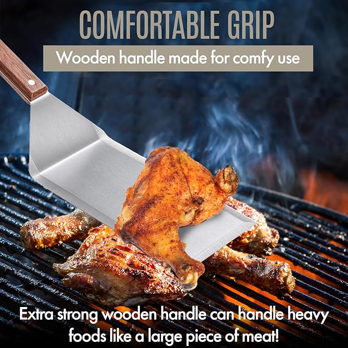 Professional Stainless Steel Extra Long Griddle Spatula with Wood Handle for Skillets,Thick Steel Blade Griddles & Pancake Flipper for Burgers, Omelet, and Versatile for Culinary Task, 8 x 4 inches