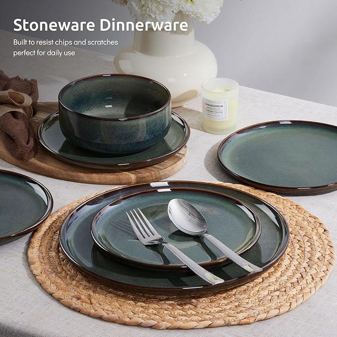 E-far Dinnerware Sets for 6, 18-Piece Stoneware Plates and Bowls Set, Ceramic Dishes Reactive Glaze Dinning Ware, Microwave & Dishwasher Safe - Obsidian Green