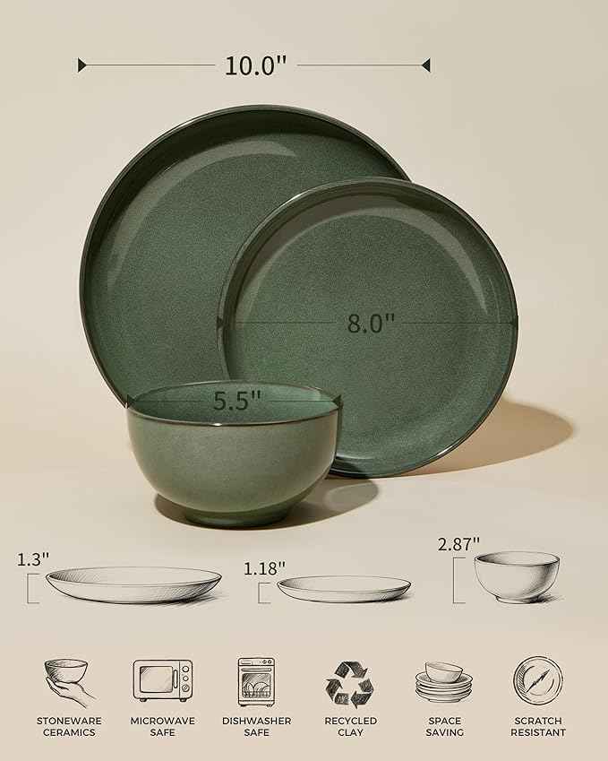 Plates and Bowls Sets for 8, 24 Piece Dinnerware Set for Large Families & Entertaining, Elegant Design, Dishwasher & Microwave Safe, Chip Resistant and Durable, Forest Green