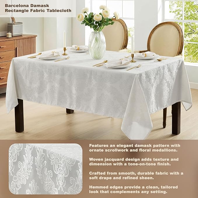 Newbridge Barcelona Luxury Damask Fabric Tablecloth, 70” Extra Wide x 90” Rectangle, White, 100% Polyester, No Iron, Soil Resistant Dining Room, Party and Banquet Table Cover