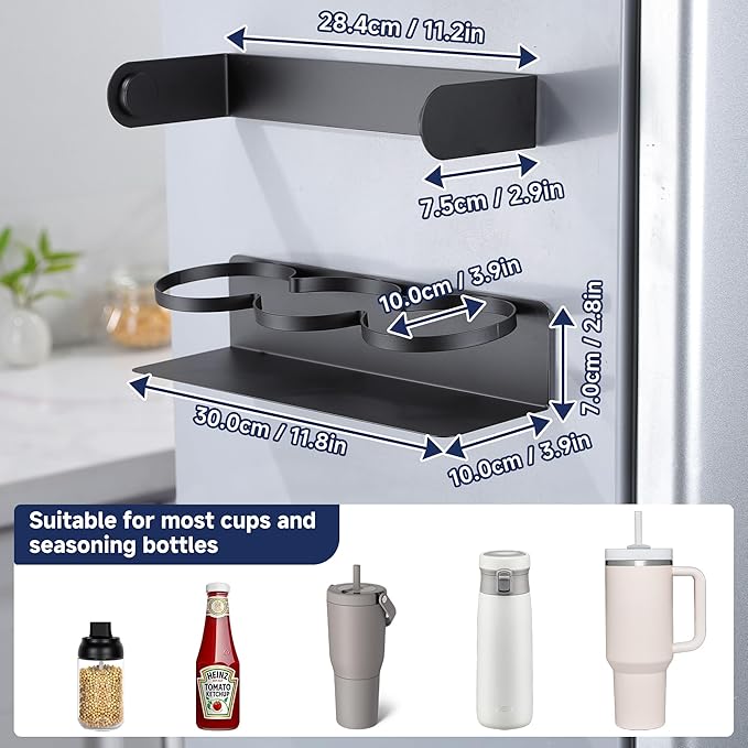 2 Pack Magnetic Stanley Cup Holder - Water Bottle Organizer for Stanley 30&40 oz Tumbler & 1 Pack Magnet Paper Towel Holder Without Drilling, Black Kitchen Storage Rack