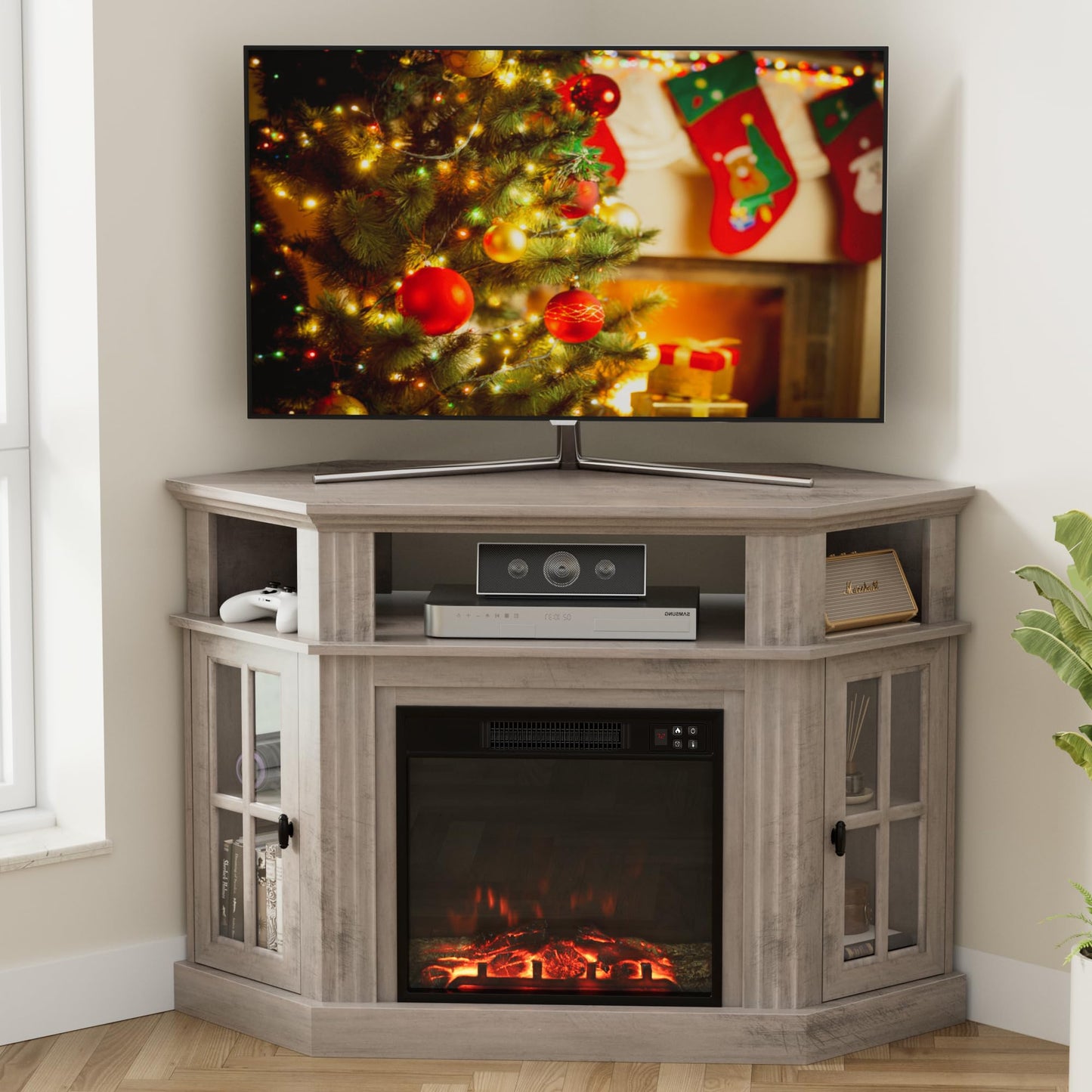Furmax Fireplace Corner TV Stand for TV Up to 55 Inch, Modern TV Console with 18 Inch Electric Fireplace, Entertainment Center with Open Shelf and Storage Cabinets for Living Room, Rustic Oak
