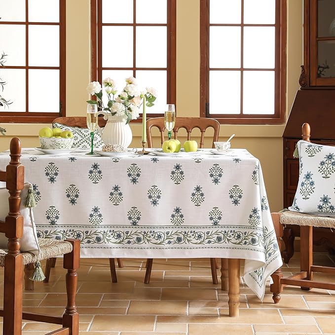 ISAENNE Designer White Linen Long Tablecloth Rectangle,Chinoiserie Floral Elegant Indoor Table Cloth,Fall Stain Proof Decor Tablecloths for Dining Thanksgiving Kitchen,63"*102"-Mosella F