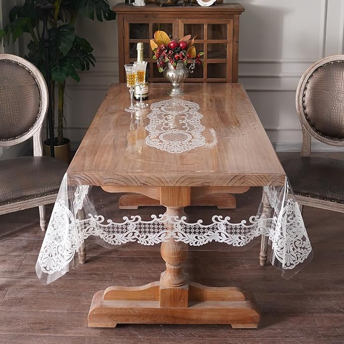 Rectangle Waterproof Clear Table Cover Protector Vinyl Table Cloth Oil Spill Proof Wipe Clean Lace Plastic Tablecloths for Dining Tables (White, 60 x 84 Inches)