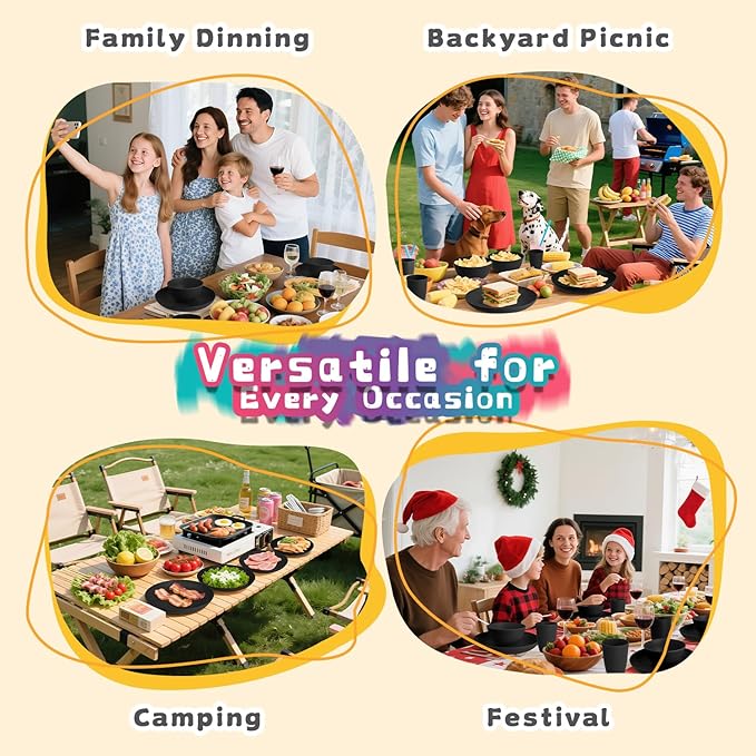 Wheat Straw Dinnerware Sets 16 PCS, Unbreakable Kids Plates and Bowls for 4-9 IN Plates, 26 OZ Cereal Bowls, 2 OZ Dipping Bowl, 12 OZ Cups, Dishwasher & Microwave Safe Plate Set - Black