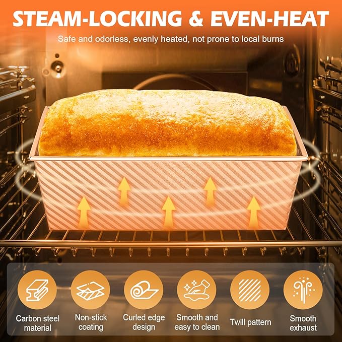 2Pack Loaf Pans with Lids – 2.2 LB & 1 LB Dough Capacity, Non-Stick Carbon Steel Bread Pans for Homemade Sandwich and Sourdough Bread, Corrugated Toast Mold