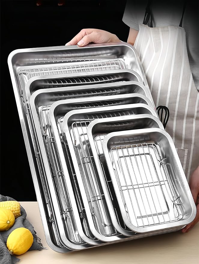 Roasting Pan Heavy Duty Stainless steel Turkey Pans for Oven,Toaster Oven Tray Pans with cooling rack,Hotel Pan, Barbeque Grill Pan,Deep Edge,Mirror treatment, Dishwasher Safe (17.5"x13.6"x2.8")
