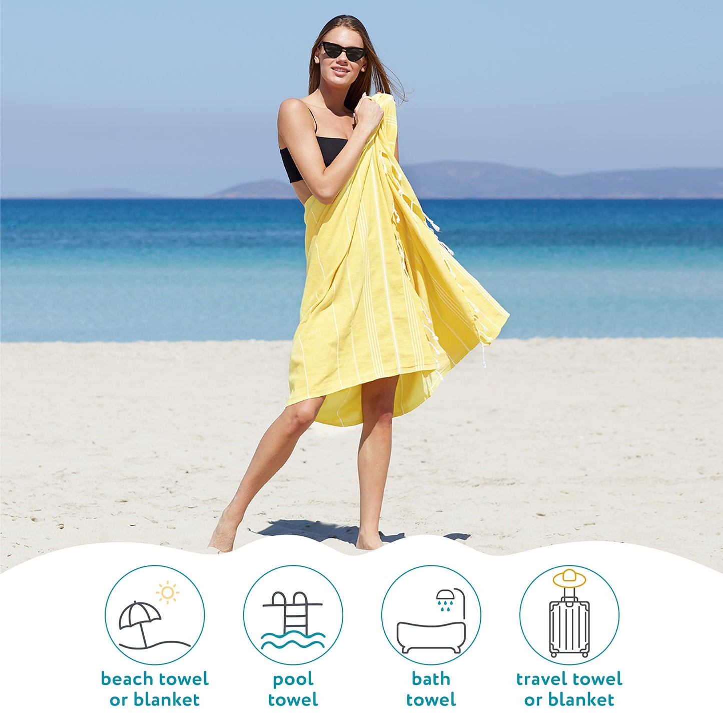 WETCAT Turkish Beach Towel Oversized 38x71 100% Cotton Sand Free Quick Dry Extra Large Light Travel Towel for Adults Beach Accessories Gifts (Yellow, Beach Towel (38" x 71"))