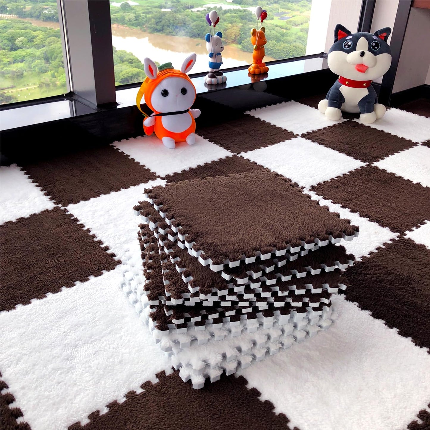 easycustomerlee 12pcs Interlocking Carpet Shaggy Soft EVA Foam Mats Fluffy Rugs Protective Floor Tiles Play Mats for Children Kids Room Home Parlor Bedroom(Brown)