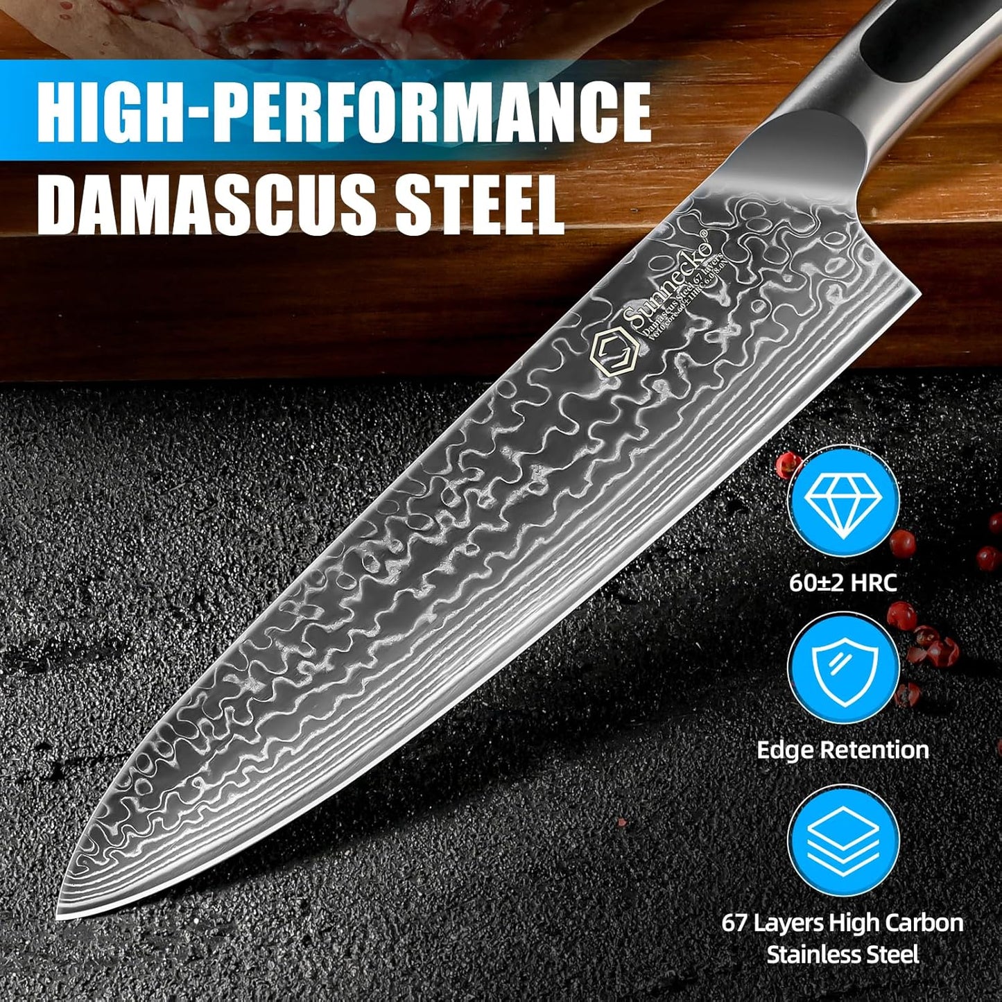 Sunnecko Kitchen Knife Set 3 Piece Chef Knife Set Professonal, Damascus Steel Kitchen Knives Sharp, Gift Box