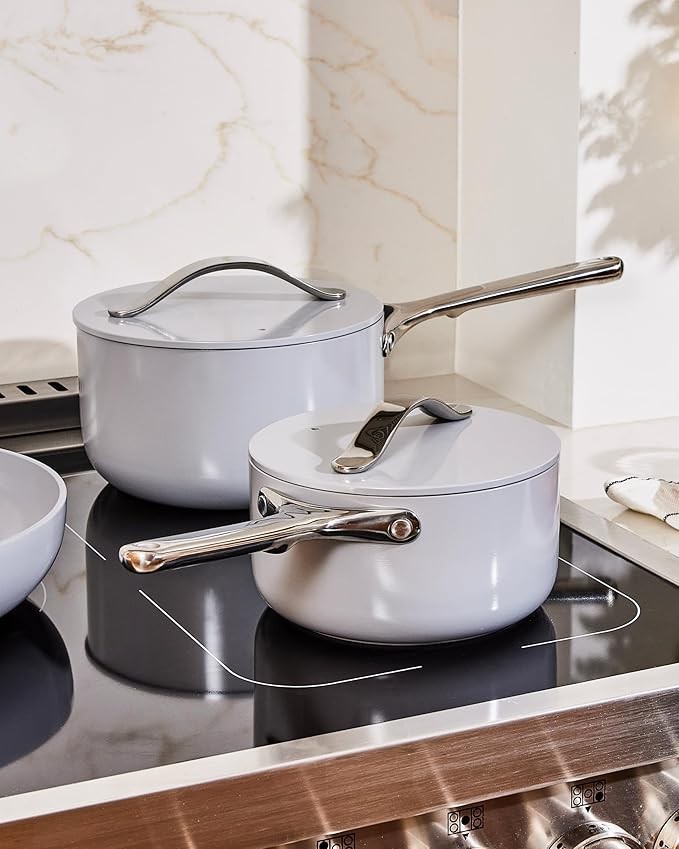 Caraway Nonstick Ceramic Sauce Pan with Lid (3 qt) - Non Toxic, PTFE & PFOA Free - Oven Safe & Compatible with All Stovetops (Gas, Electric & Induction) - Perracotta