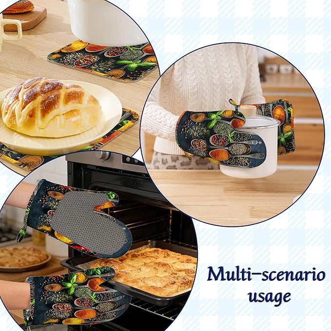 Oven Mitts and Pot Holders Sets Colorful Spices Silicone Kitchen Mits Potholders Cooking Herb Spoons Heat Resistant 4Pcs Oven Gloves Hot Pads for Baking Cooking BBQ Grilling Home Decor