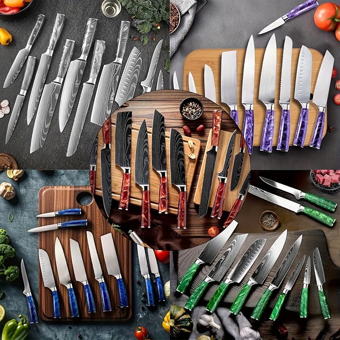 10-Piece Premium Japanese Kitchen Knife Set - Imperial Collection, Laser Damascus Pattern, 440A Stainless Steel Ultra Sharp for Fast Cutting (Red)
