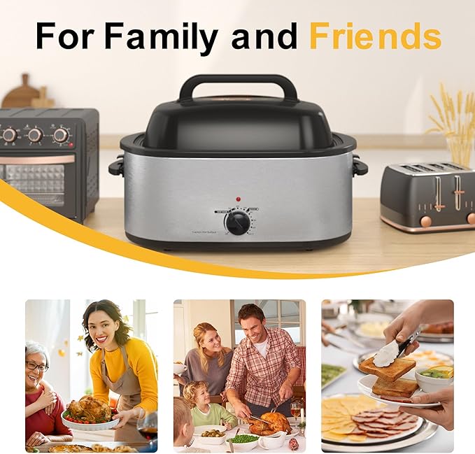 HEYNEMO Turkey Roaster Electric, 24 Quart Oven with Self-Basting Lid, Removable Pan and Rack, Adjustable Temperature Control Powerful 1450W Stainless Steel Oven, Silver
