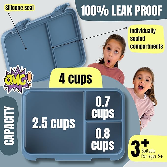 Kids Lunch Box with Compartments – Compact & Lightweight | Leak-Proof, BPA-Free, Dishwasher & Microwave Safe | Hand-Drawn Design for Preschool, School, Travel (Astro Bear Blue, 4 Cups)