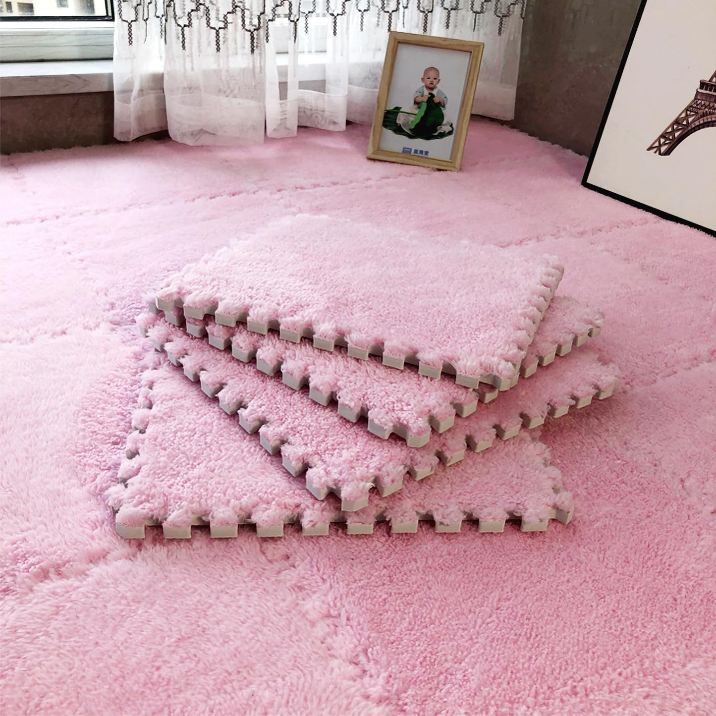 easycustomerlee 12pcs Interlocking Carpet Shaggy Soft EVA Foam Mats Fluffy Rugs Protective Floor Tiles Play Mats for Children Kids Room Home Parlor Bedroom(Pink)