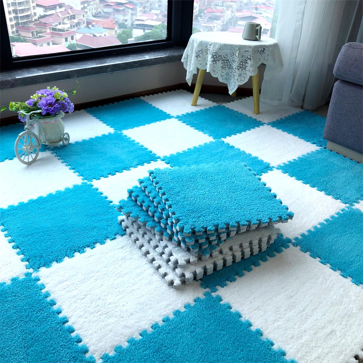 easycustomerlee 12pcs Interlocking Carpet Shaggy Soft EVA Foam Mats Fluffy Rugs Protective Floor Tiles Play Mats for Children Kids Room Home Parlor Bedroom(Blue)