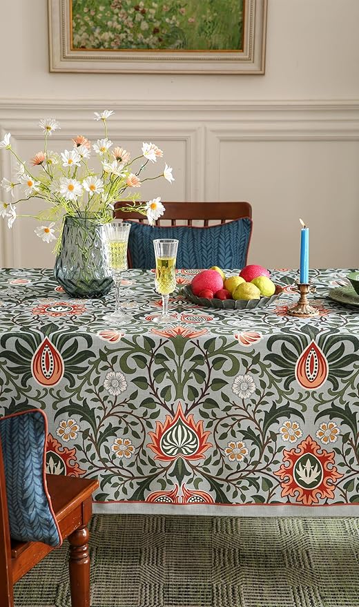 ISAENNE Designer Bohemian Linen Green Small Rectangular Tablecloth,Floral Indoor Table Cloth,Stain Resistant Decor Tablecloths for Dining Thanksgiving Kitchen Party Christmas,55"*71"-Naples