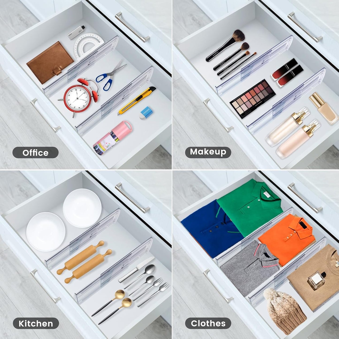6 Pack Adjustable Drawer Dividers for Clothes,5" High Expandable From 13-22" Clear Drawer Organizers, PC Plastic Separators for Dresser/Bedroom/Bathroom/Kitchen/Office Storage