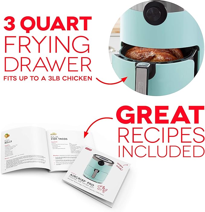 Dash AirCrisp® Pro Digital Air Fryer - Adjustable Temperature Control - Auto Shut-Off Feature & Multiple Presets - Removable Crisper Basket - 3 Quarts - Aqua
