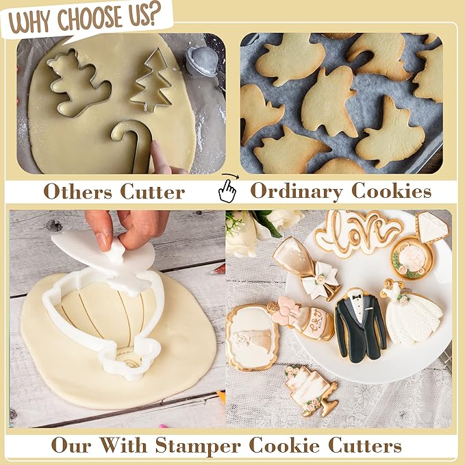 Flycalf Wedding Cookie Cutter with Plunger Stamps Handle Champagne Glass Bridal Shower Holiday PLA Cake Baking Cutter Molds Gifts for Kids Decorative 3.5" Kitchen Cake Supplies