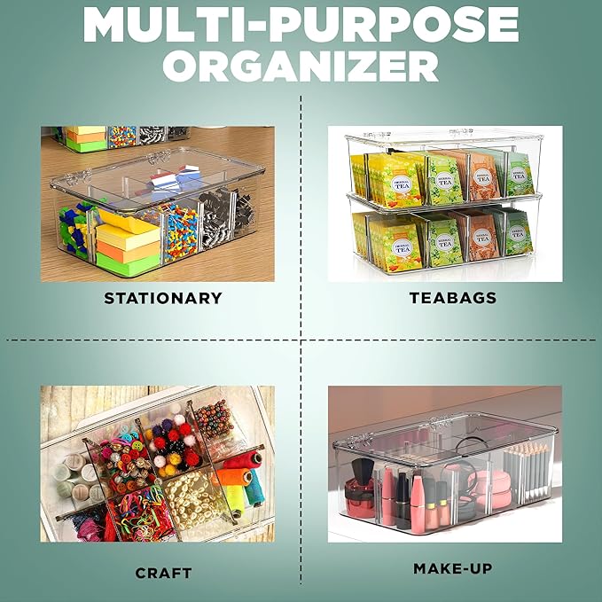 Utopia Home - Tea Bag Organizer With Lids, (1 Pack) Clear Pantry Storage Box - Stackable Partition Organizers or Holder With Lids For Drawers, Countertops, Fridge, Kitchen, Snack & Spice Organization