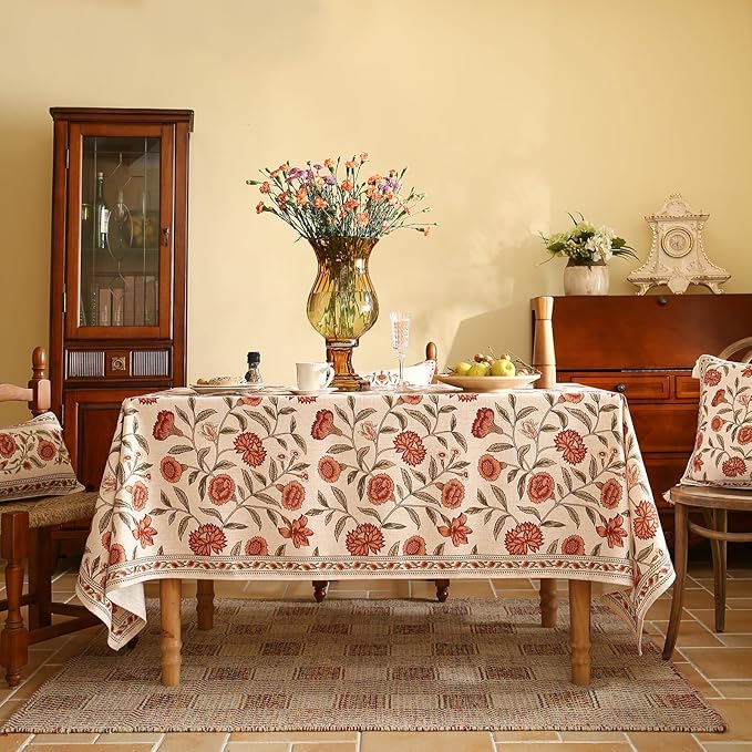 ISAENNE Designer French Small Rectangle Tablecloth,Linen Orange Floral Pattern Indoor Table Cloth,Wrinkle Resistant Decor Table Cloth for Dining Thanksgiving Kitchen Party,55"*71"-Alvarado D