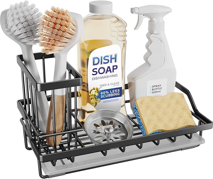 SWTYMIKI Large Sink Caddy Kitchen Sink Organizer with Detachable Brush Holder, Stainless Steel Sponge Holder with Removable Drip Tray Sponge Caddy for Kitchen Countertop, Black