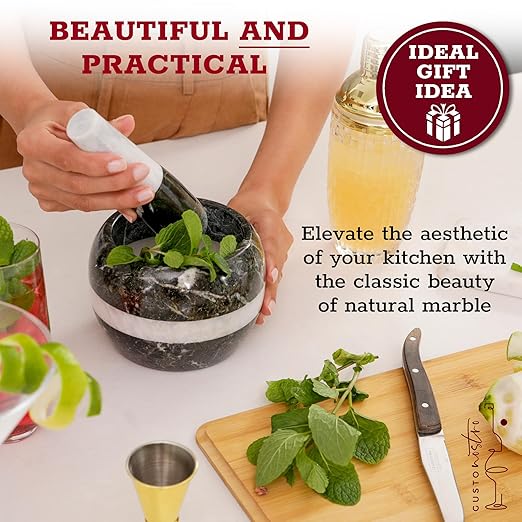 Gusto Nostro Natural Marble Mortar and Pestle Set Small| 4 Inch - 1.5 Cup | Mini Mortar Pestle Set for Grinding Herbs, Nuts, Grains | Pesto Grinding and Guacamole Stone Bowl | Marble Spice Crusher