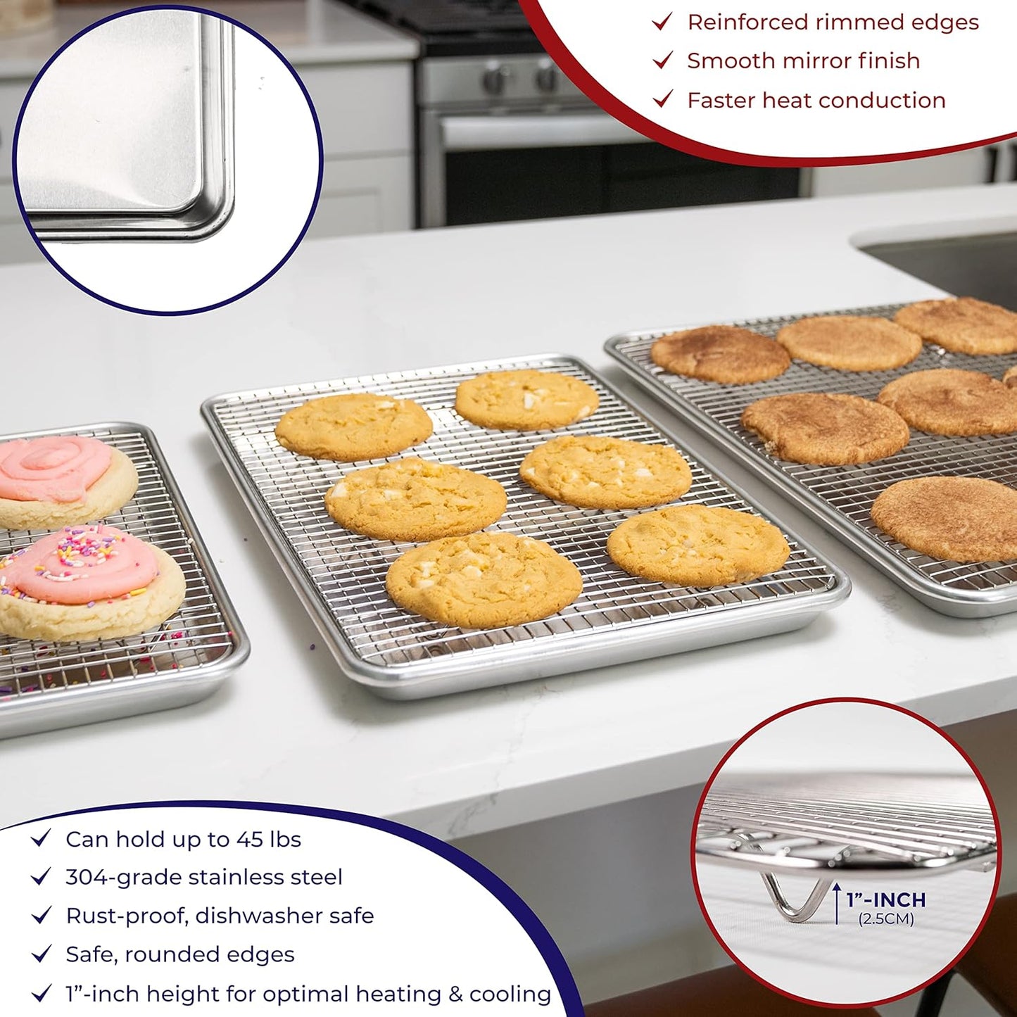 KITCHENATICS Aluminum Baking Pan Half Sheet with Grid: Baking Sheet with Wire Rack, 13 x 18 Baking Trays with Stainless Steel Wire Cooling Rack for Baking, Easy Clean, Commercial Quality, Heavy Duty